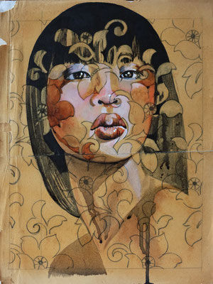 "Portrait sur archive N° 5 - 30 x 40 - 350 € - ORIGINAL - Portrait réalisé sur papier archive textile ancienne pour la soierie. Le portrait est peint aux encres de couleur