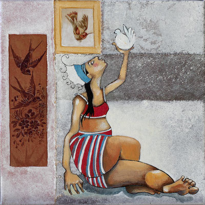 L'oiseau 30 x 30 cms - Acrylique -  huile - Marouflage sur toile. 360€