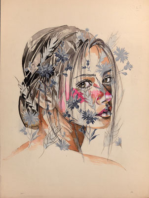 "Portrait sur archive N° 10 - 24 x 30 - 250 € - Original VENDU Disponible en édition à 90 euros-Portrait réalisé sur papier archive textile ancienne pour la soierie. Le portrait est peint aux encres de couleur