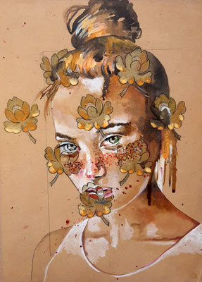 "Portrait sur archive N° 6 - 20 x 30 - 250 € - ORIGINAL -Portrait réalisé sur papier archive textile ancienne pour la soierie. Le portrait est peint aux encres de couleur