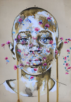 "Portrait sur archive N° 14 - 24 x 30 - 250 € - ORIGINAL -Portrait réalisé sur papier archive textile ancienne pour la soierie. Le portrait est peint aux encres de couleur