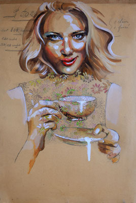 "Portrait sur archive N° 9 - 24 x 32 - 250 € - ORIGINAL -Portrait réalisé sur papier archive textile ancienne pour la soierie. Le portrait est peint aux encres de couleur et