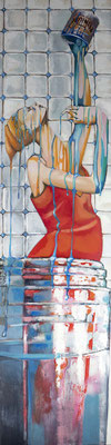 "Schiele" - 30 X 120 - Huile sur toile - VENDU Dans cette œuvre, Je me suis inspiré de la façon de dessiner de Egon Shiele, en ce qui concerne le tracé du corps. Puis j'ai cherché à décrire l'intimité que représente l'action de peindre. Mon personnage aim