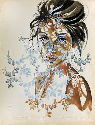 "Portrait sur archive N° 11 - 24 x 30 - 250 € - ORIGINAL -Portrait réalisé sur papier archive textile ancienne pour la soierie. Le portrait est peint aux encres de couleur
