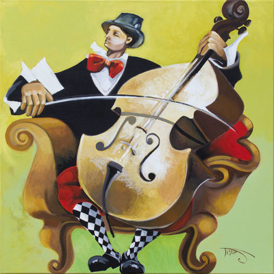 "Le violoncelliste" 80 x 80 - Acrylique et huile sur toile  - 2300€  Original disponible - Possible en digigraphie ou reproduction sur toile 
