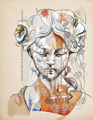 "Portrait sur archive N° 2 - 20 x 30 - 250 € - ORIGINAL -Portrait réalisé sur papier archive textile ancienne pour la soierie. Le portrait est peint aux encres de couleur