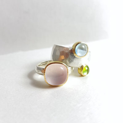 Rosenquarz, Doppelring Aquamarin & Peridot
