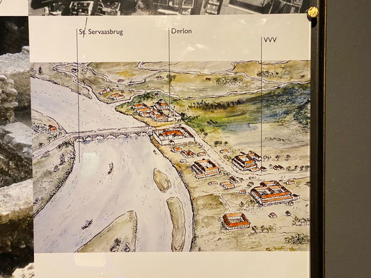 221218 ThP - Maastricht - Derlon Museumkelder - Het ommuurde Heiligdom uit de eerste eeuw zuidelijk van de Romeinse weg. Noord is onderaan de tekening.