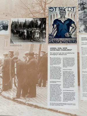 Maastricht - Opkomst van de socialistische beweging. In 1887 doet een parlementaire commissie onderzoek naar de werkomstandigheden. In 1890 wordt er twee keer lang gestaakt. In 1917 krijgen arbeiders het beter.