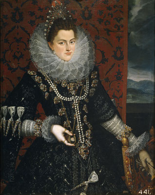 Juan Pantoja de la Cruz (1598-1599). La Infanta Isabel Clara Eugenia. 112 bij 89 cm. Madrid: Museo del Prado. Publiek domein, via Wikimedia Commons. Schitterend, hoe Isabella een portret van Albrecht van Oostenrijk vasthoudt.