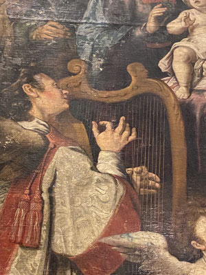 ThP 230408 Maastricht - Onze Lieve Vrouwebasiliek - Schilderij 'De Heilige Familie' door Jacob Iordaens (1631) - Engel Albrecht van Oostenrijk bespeelt de harp.