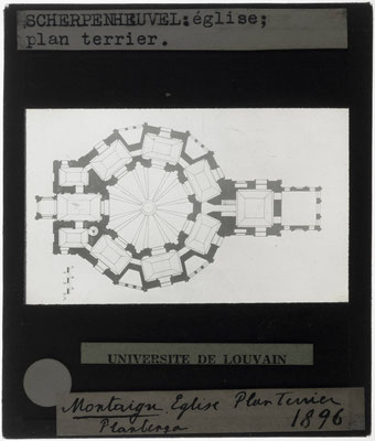 Scherpenheuvel - Grondplan Koepelkerk Onze-Lieve-Vrouw. Ontwerp Wenceslaus Coeberger en Albrecht van Oostenrijk (voor 1609) - een juweel! Ingang links. Glasdia Katholieke Universiteit van Leuven in België. Publiek domein.