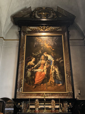 ThP 230629 Scherpenheuvel - Basiliek van Onze-Lieve-Vrouw - Theodoor van Loon (tussen 1616 en 1623) - Geboorte van Maria - Moeder Anna ligt in bed - Vooraan drie vroedvrouwen - Linksboven Anna's gordel, belangrijk voor vrouwen die zwanger willen worden.