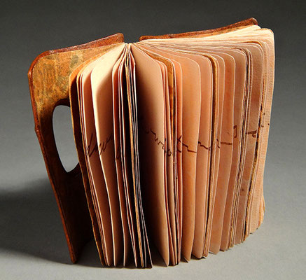 Remembering, Book One (2016) mixed media on lokta and charcoal papers, wet-formed leather covers, unique, 4.25 x 5 x 2.5 inches, Herron School of Art and Design Library
