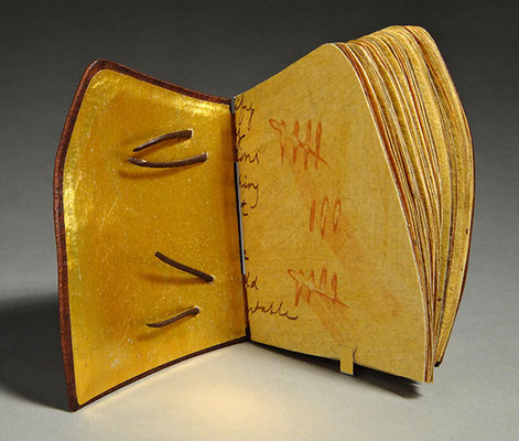 Luck, Book Two (2016) mixed media on handmade and tea chest papers, wet-formed leather covers, unique, 4.75 x 6 x 3 inches, Baylor University Libraries