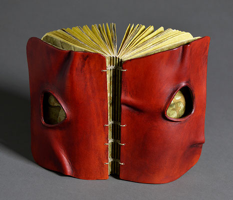 Remembering, Book Two (2019) mixed media on handmade and linen paper, wet-formed leather covers, unique, 4.5 x 3 x 5 inches, Baylor University Libraries