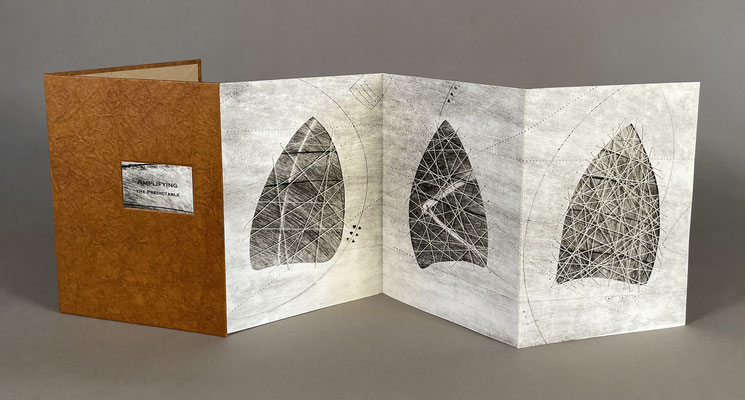 Amplifying the Predictable (2025) intaglio, thread on pull-out accordion in case binding, edition of two, 7 x 12.5 x 6.5 inches
