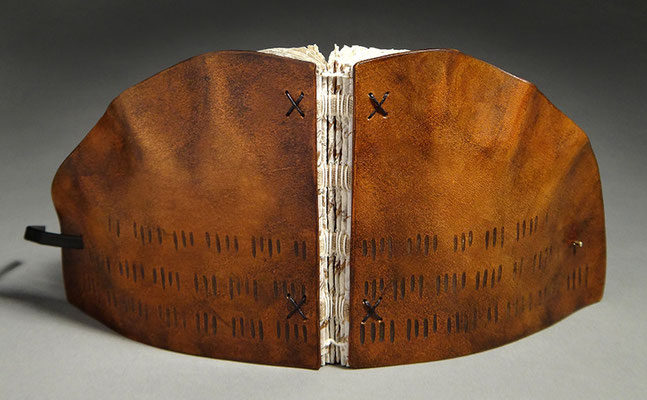 Yearning, Book Two (2016) handwriting on crinkled paper, wet-formed leather covers, unique, 4.25 x 7.5 x 4 inches, Baylor University Libraries