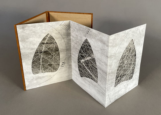 Amplifying the Predictable (2025) intaglio, thread on pull-out accordion in case binding, edition of two, 7 x 12.5 x 6.5 inches
