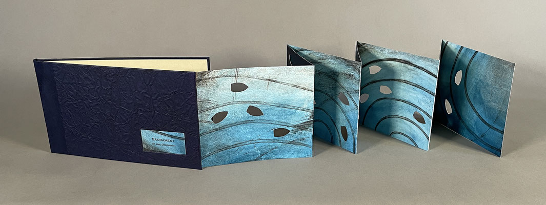 Sacrament of the Unknown (2025) intaglio, paste paint on pull-out accordion in case binding, edition of two, 5 x 21 x 8 inches