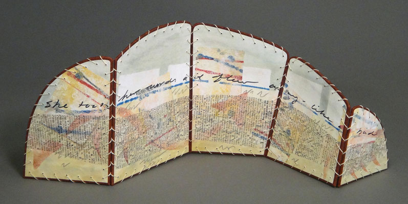 Her Words (2021) pulp painting with collage and hand writing, whip stitch binding, unique, 6 x 15 x 3 inches