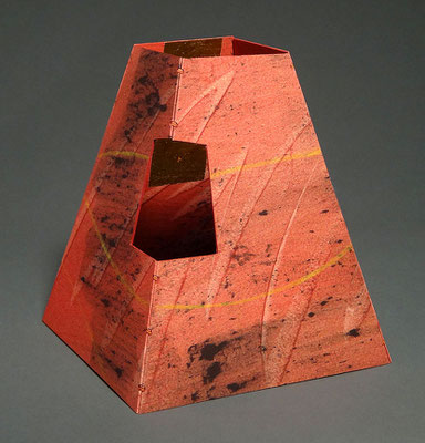 Sanctuary One (2017) pulp painted handmade paper with paste paint and watercolor, tea-chest paper, wire-edge binding, unique, 8 x 7 x 7 inches, Baylor University Libraries