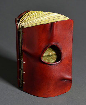 Remembering, Book Two (2019) mixed media on handmade and linen paper, wet-formed leather covers, unique, 4.5 x 3 x 2 inches, Baylor University Libraries