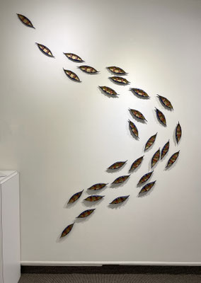 Guided by the North Star (2025) wet-formed leather boats, acrylic paint, 82 x 58 inches