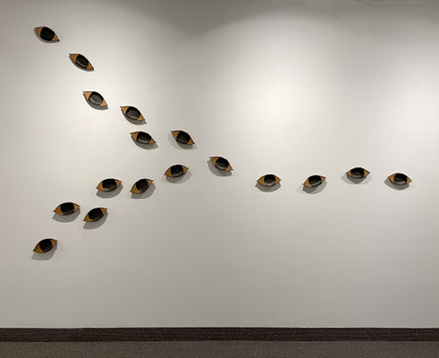 Confluence (2024) wet-formed leather boats, acrylic paint, linen thread, 66 x 111 inches, private collection