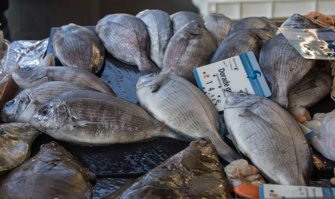 In der Markthalle in Saint Lô bieten die Fischer der Region fangfrischen Fisch und Meeresfrüchte. 