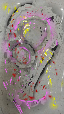 Treppenstufe Geschäftshaus Witten, Aufsicht, Digital-Foto-Painting 2023, Fotodruck auf Alu Dibond Silber gebürstet