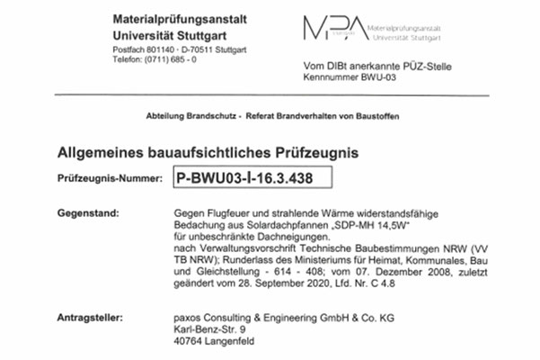 Bauaufsichtliches Zeugnis der MPA Stuttgart