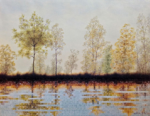 Rangée d'arbres au bord d'un étang (90x70cm) Huile et acrylique sur toile