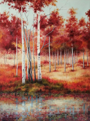 Forêt d'automne au bord d'un étang (80x60cm) Huile et acrylique sur toile