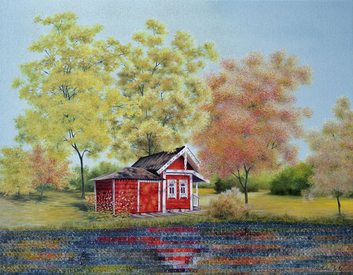 La maison rouge (90x70cm) Huile et acrylique sur toile