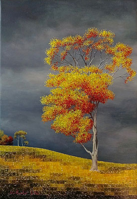 L'arbre sur la colline (42x29cm) Huile et acrylique sur toile