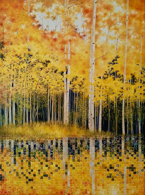 Forêt de lumière en automne (80x60cm) Huile et acrylique sur toile