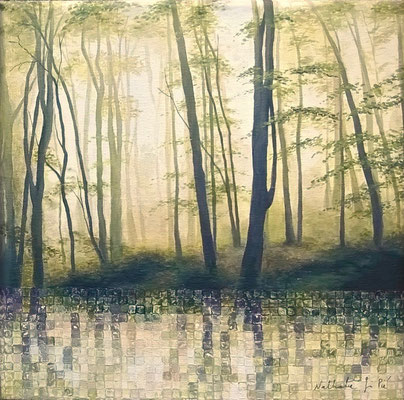 Lumière dans les arbres (20x20cm) Huile et acrylique sur toile