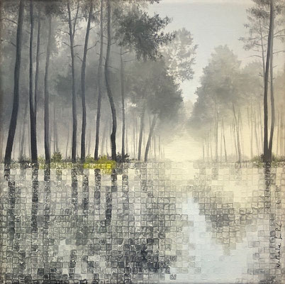 Forêt de pin (20x20cm) Huile et acrylique sur toile