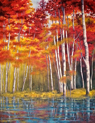 Forêt au bord d'un étang (110x85cm) Huile et acrylique sur toile