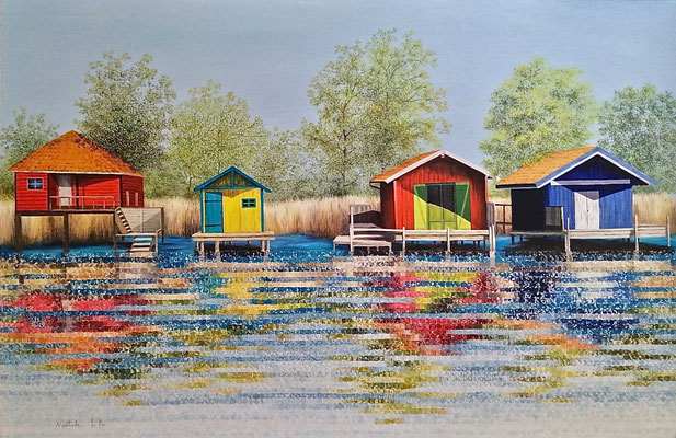 Les cabanes au bord de l'eau (130x85cm) Huile et acrylique sur toile