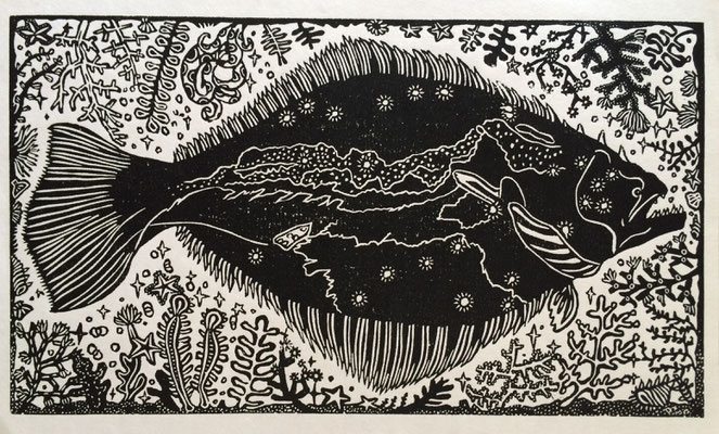 ひらめ　×mm 　Linocut　2014