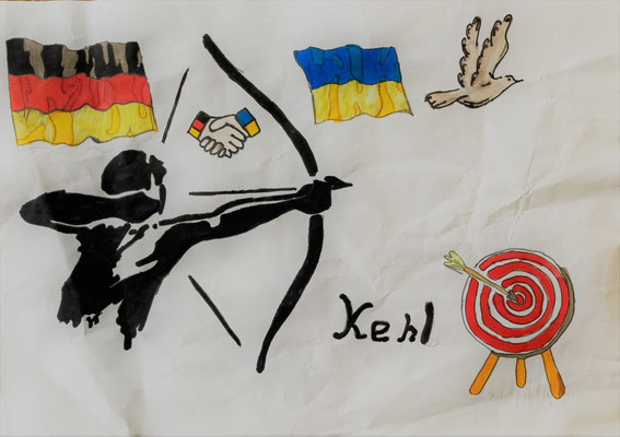 Gemaltes Bild mit einem Bogenschützen beim intuitiven Bogenschiessen, einer Deutschen und Ukrainischen Flagge, einer Friedenstaube, eine deutsche und ukrainische Hand beim Danke sagen und eine Bogenscheibe mit einem Pfeil in der Mitte