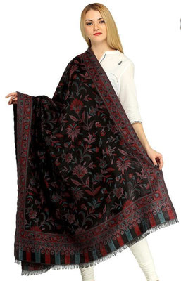 15. gewobenes Blumenmuster, Piratenschwarz/tief rotblau, Wolle, 109cm x 225 cm, 75,00 €