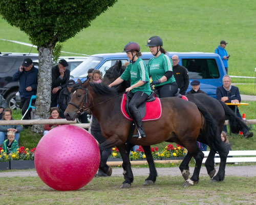 Katha auf Adele und Christine auf Armada beim Pferdefußball Foto: Wolfgang Scheu