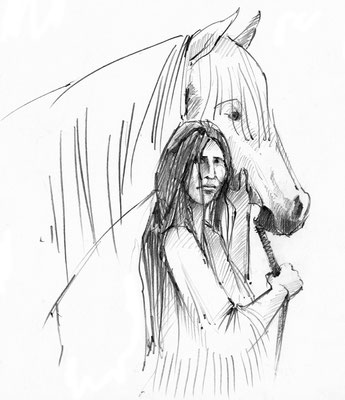 Indianerin Lozen mit Pferd . 2014 . Fineliner