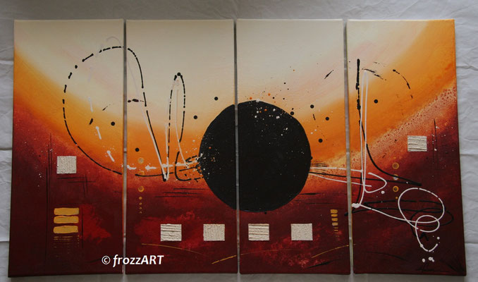 "Balance" 100x58 cm (2014) 4 Leinwände ergeben 1 Bild - in sommerlichen, warmen Tönen gehalten soll dieses ausgewogene Werk mit verspielten Komponenten und einem Zentrum zur Ruhe bringen, ausbalancieren, inspirieren zu einer wunderbaren Geschichte»