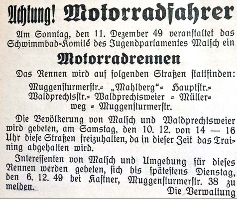 Aktion des Jugendparlament 1949 Motorradrennen für Schwimmbad