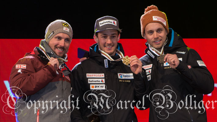 Siegerpodes: Marcel Hirscher/Luca Aerni/Mauro Caviezel