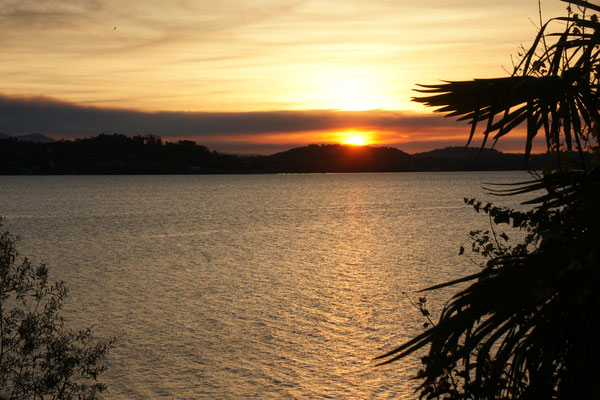 Sonnenaufgang am Lago Maggiore. Blick aus dem Womo